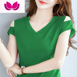 七斓T恤女短袖V领半袖夏正肩露肩上衣设计感小众ins潮宽松打底衫