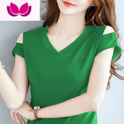 七斓T恤女短袖V领半袖夏正肩露肩上衣设计感小众ins潮宽松打底衫