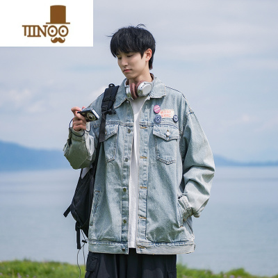 YANXU日系徽章牛仔外套男美式街头宽松青少年夹克秋季港风潮牌休闲上衣