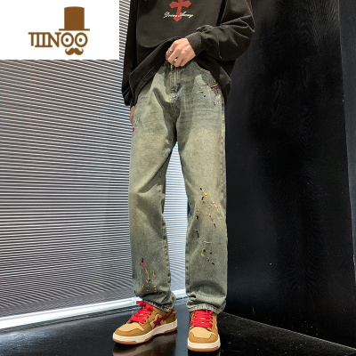 YANXU美式高街泼墨刺绣牛仔裤男vibe潮牌水洗做旧直筒宽松长裤子hiphop