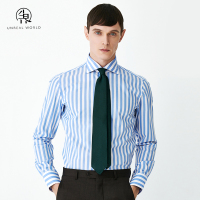 尘界蓝色条纹衬衫男长袖宽条纹修身商务休闲纯棉意式温莎领男时尚百搭衬衣