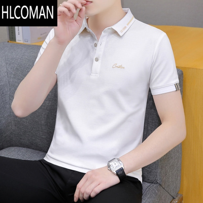 HLCOMAN冰丝棉衫短袖t恤男衬衫上衣男装翻领字母体恤2024年夏季新款
