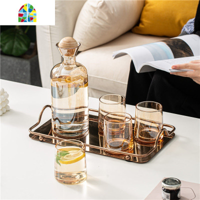 封后日式创意冷水壶玻璃可高温大容量轻奢北欧凉水壶水杯套装家用客厅 FENGH 922-云石玻璃1壶6高杯1金架带托盘(送