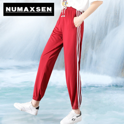 纽曼森（Numaxsen）运动裤女冰丝裤束脚夏季薄款红色休闲长裤宽松三条杠收口九分灯笼裤
