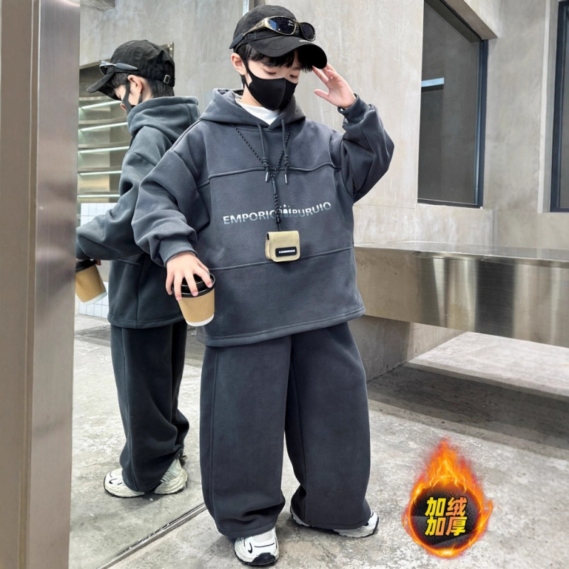 男童加绒套装秋冬款新款儿童装冬季加厚卫衣运动服两件套