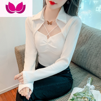 七斓秋装新款2022设计感小众镂空t恤女洋气polo领长袖修身打底衫上衣