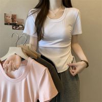 含棉设计感短袖T恤女新款夏季抽绳短款辣妹纯色圆领上衣ins