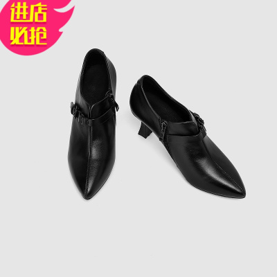 金三志2021春季单鞋深口高跟鞋百搭米白色性感细跟皮女士带扣气质女鞋休闲鞋