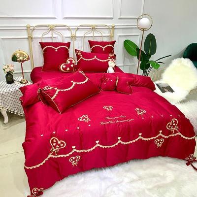 家柏饰(CORATED)婚庆四件套大红全棉床单结婚全棉床上用品新婚房被罩婚礼喜被套4