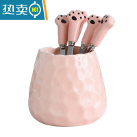 敬平304不锈钢水果叉收纳罐套装家用轻奢可爱儿童安全吃水果的小叉子 410钢粉色猫爪水果叉+粉色叉罐 5支装牙签