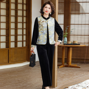 金丝绒洋气妈妈套装女时尚国风三件套中老年套装女春装新款衣服薄