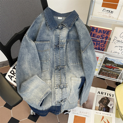 春秋季新中式复古盘扣拼接牛仔夹克男女同款休闲痞帅外套宽松上衣