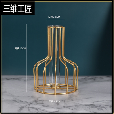 创意透明玻璃花瓶摆件北欧简约客厅仿真花艺插花餐桌面小饰品套装三维工匠金色铁艺试管花瓶