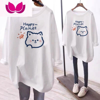 七斓2022年新款卡通印花长袖T恤女宽松大码女装ins潮休闲纯色上衣