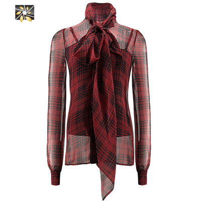 暖青汇可盐可甜设计感红色雪纺上衣新款春脖衬衣蝴蝶结格纹衬衫女潮衬衫