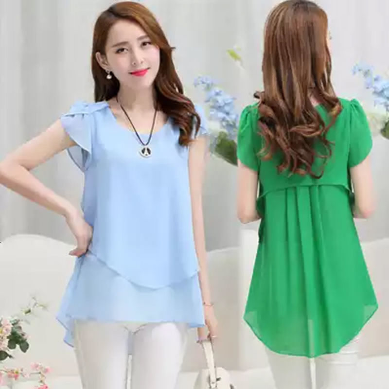 夏装新款胖mm荷叶边大码宽松显瘦中长款短袖雪纺衫女打底衫