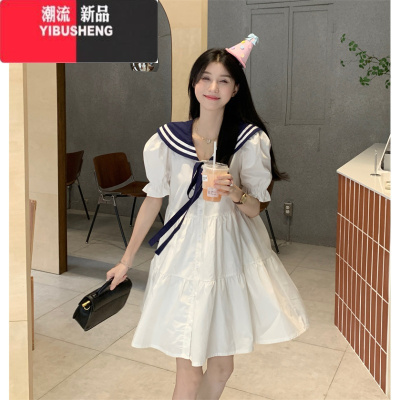 YIBUSHENG领连衣裙女季2024新款甜美学院风收腰显瘦小众短袖A字裙子