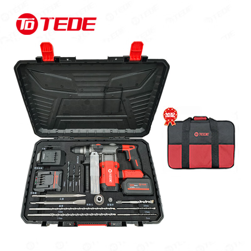TEDE 锂电电锤钻 YD-5248X DC20V/50W 17件套 工作电流:2.0A 电池容量:4.0 红黑色