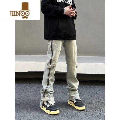 YANXU排扣牛仔裤侧拉链男vibe风高街美式直筒水洗开叉长裤女做旧宽松