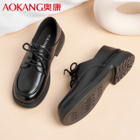 奥康女士单鞋日常休闲皮鞋女牛皮透气粗跟学院风低帮系带乐福鞋