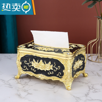 敬平欧式纸巾盒家用客厅茶几抽纸盒创意轻奢KTV纸抽盒餐厅美式ins摆件 金黑(时尚款)