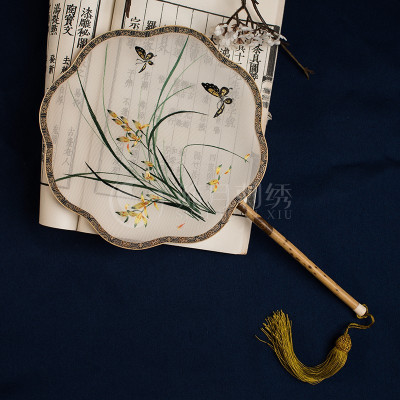 扇子古苏绣花湘妃竹手工苏绣古代汉服圆扇宫廷扇双面刺绣团扇三维工匠12蝴蝶