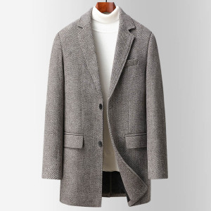 秋冬新款人字格毛呢大衣男士加厚修身中长羊毛外套羊毛呢大衣