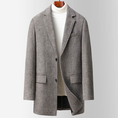 秋冬新款人字格毛呢大衣男士加厚修身中长羊毛外套羊毛呢大衣