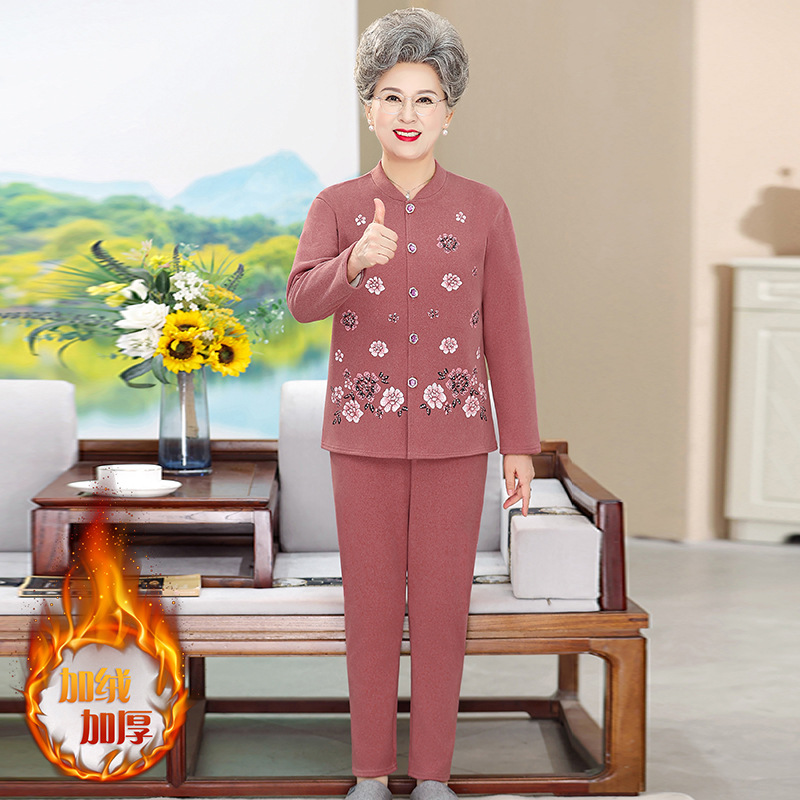 中老年人秋冬装女装妈妈装开衫保暖内衣套装加绒加厚奶奶宽松睡衣