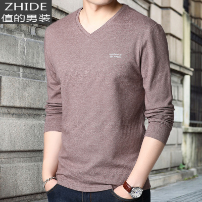 SUNTEK春季薄款V领t恤长袖男士外穿打底小衫鸡心领秋装上衣无领内搭男土T恤