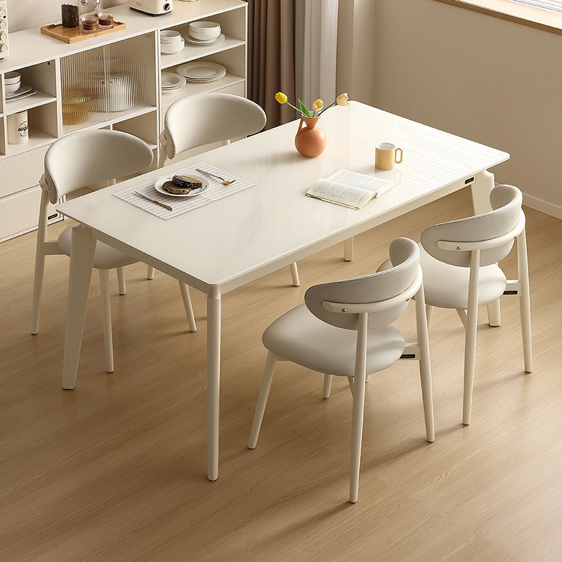 全友家居餐桌现代奶油风钢化玻璃实木脚饭桌小户型客厅桌椅组合