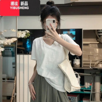YIBUSHENG美式复古高街正肩V领纯色短袖t恤女新款宽松显瘦半袖体恤上衣服
