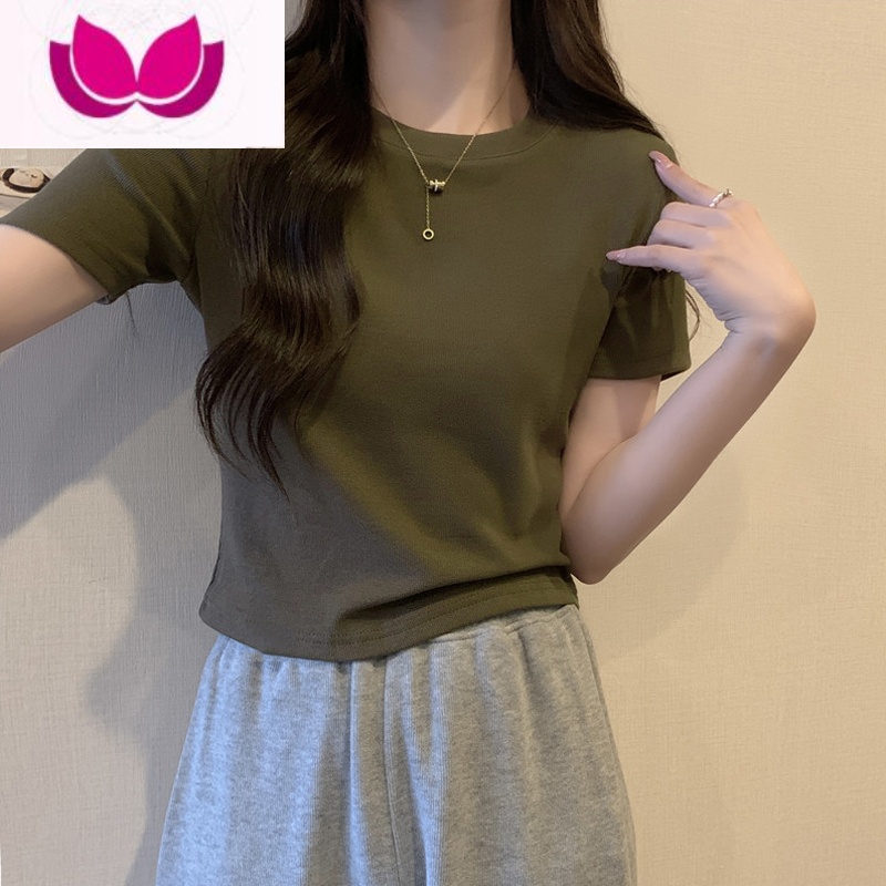 七斓正肩短袖T恤女夏季修身显瘦内搭打底衫小个子短款半袖闺蜜装上衣