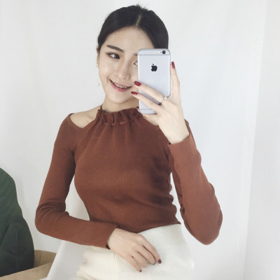 秋季新款韩版气质性感露肩挂脖针织衫女修身显瘦长袖打底衫上衣潮