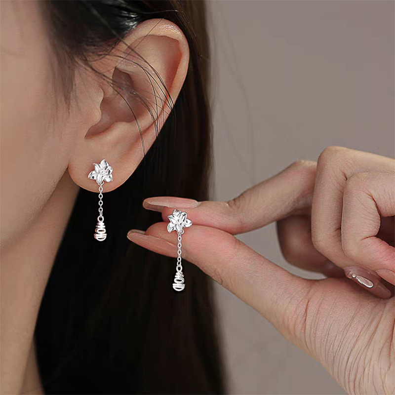 s925银针花朵流苏耳环女甜美气质优雅喜字耳坠小众设计螺丝拧耳饰送女朋友老婆情人节七夕生日礼物