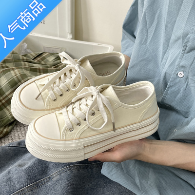 SUNTEK易少年 厚底薄款帆布鞋女ins超火百搭2023夏季新款增高小白鞋潮
