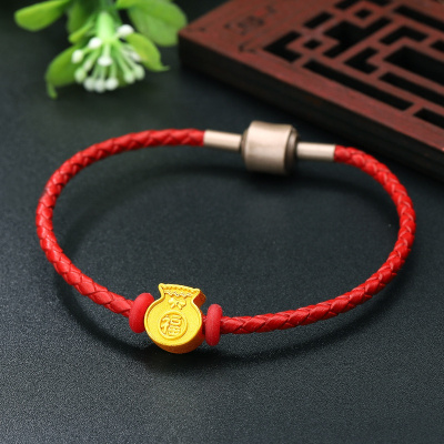 老庙黄金足金硬金小福字蝴蝶结福袋转运珠黄金手链福袋手链