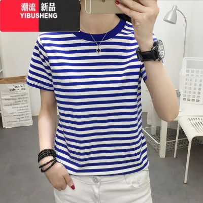 YIBUSHENG海魂衫短袖圆领男女情侣装t恤蓝白条纹水手服班服工服定制T潮