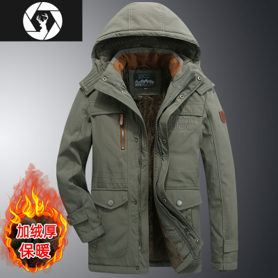 HongZun秋冬季中长款棉衣男士户外休闲加绒宽松大码棉服加厚保暖棉袄外套棉衣