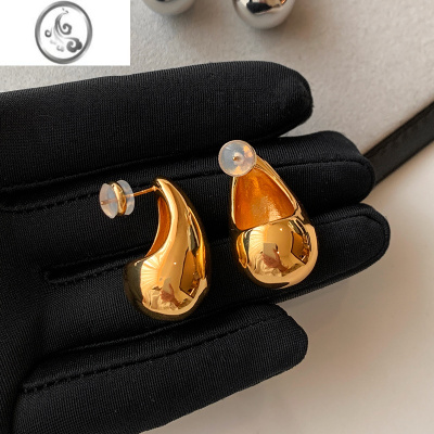 JiMi欧美金银色大水滴耳钉女小众设计感高级耳环独特轻奢气质金属耳饰