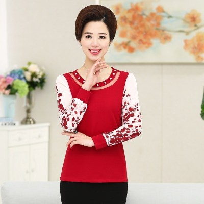 春秋中老年女装长袖T恤秋衣大码修身女士小衫妈妈装中年上衣