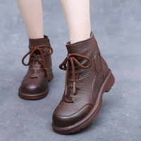 真皮短靴女24秋冬新款厚底高帮休闲鞋软底大码单靴复古女款马丁靴