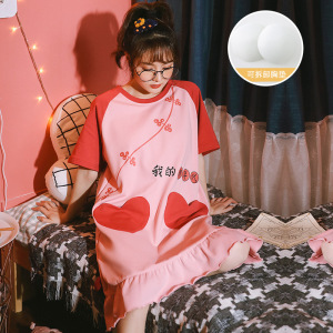 [定制]带胸垫睡衣女士夏季短袖睡裙韩版卡通可外穿连衣裙家居服