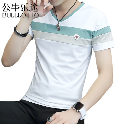 公牛乐途2021男士短袖T恤v领夏季2021新款半袖夏装修身纯棉体桖潮流男装衣服丅