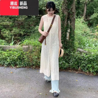 YIBUSHENG连衣裙女纯色镂空宽松百搭中长款针织罩衫女短袖T恤叠层上衣外