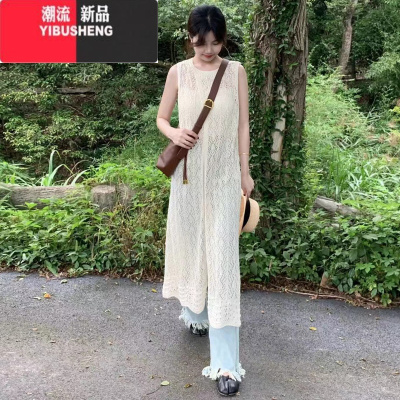 YIBUSHENG连衣裙女纯色镂空宽松百搭中长款针织罩衫女短袖T恤叠层上衣外