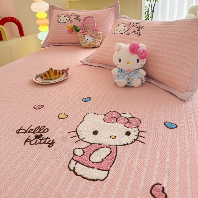 粉粉KT猫冰豆豆凉席三件套夏天儿童单人冰丝席可机洗宿舍空调席子