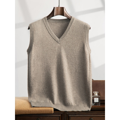 V领羊绒秋冬新款男士无袖上衣简约休闲宽松套头镂空背心马甲