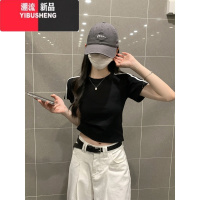 YIBUSHENG美式辣妹正肩短袖T恤女季设计感撞色杠条修身显瘦短款上衣