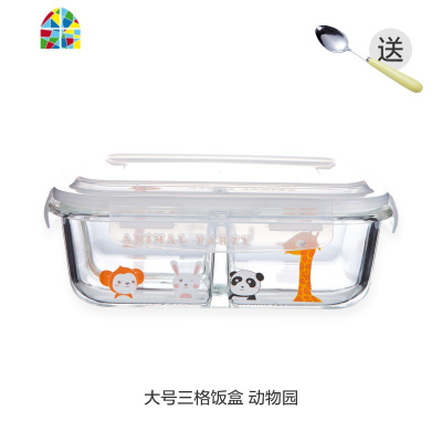 封后卡通耐热玻璃便当盒分隔饭盒密封水果保鲜盒可爱两三分格碗微波炉 FEN C大号3分隔长颈鹿+餐具+袋+小圆(注意是蓝色